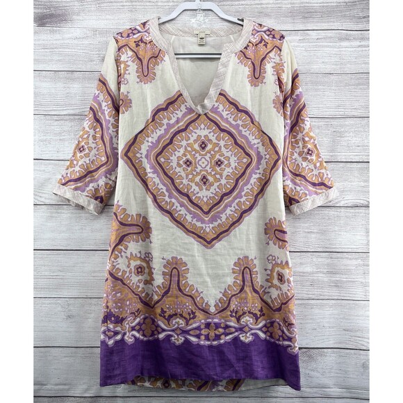 J.Crew Bazaar 100% Linen‎ Boho Tunic Mini Dress V-Neck Size 2 Geometric Print - Picture 1 of 6